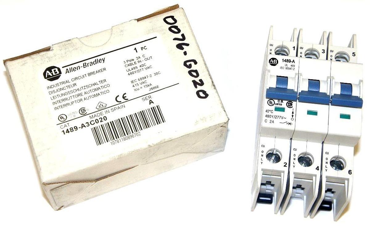 Used NIB ALLEN BRADLEY 1489-A3C020 INDUSTRIAL CIRCUIT BREAKER SER A, 1489A3C020