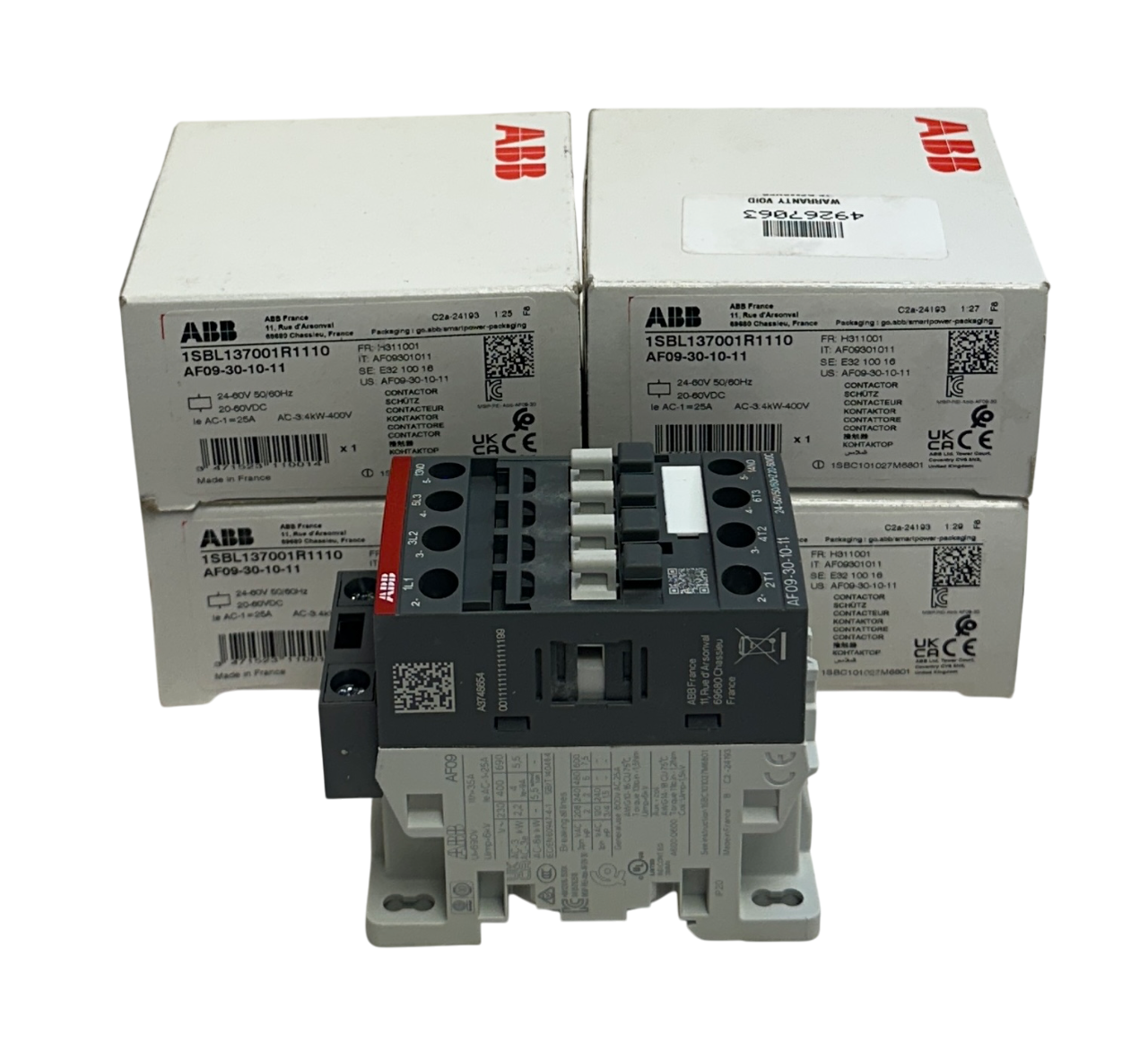 Used 4 ABB AF09-30-10-11 / 1SBL137001R1110 CONTACTORS 3-POLE 400VAC 25AMP NSMP