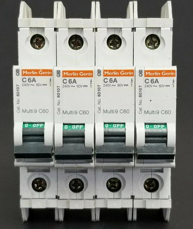 Used LOT OF 4 MERLIN GERIN CAT. NO. 60107 MULTI9 C60 CIRCUIT BREAKERS C6A 240V/60V
