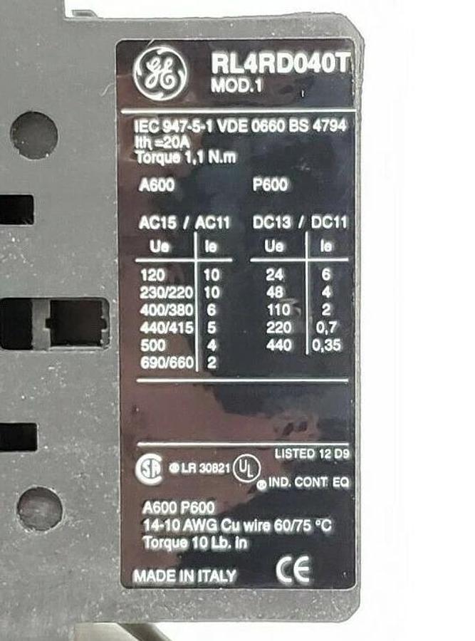 Used LOT OF 10 NIB GENERAL ELECTRIC RL4RD040TD RELAYS, 4 POLE, 24V COIL