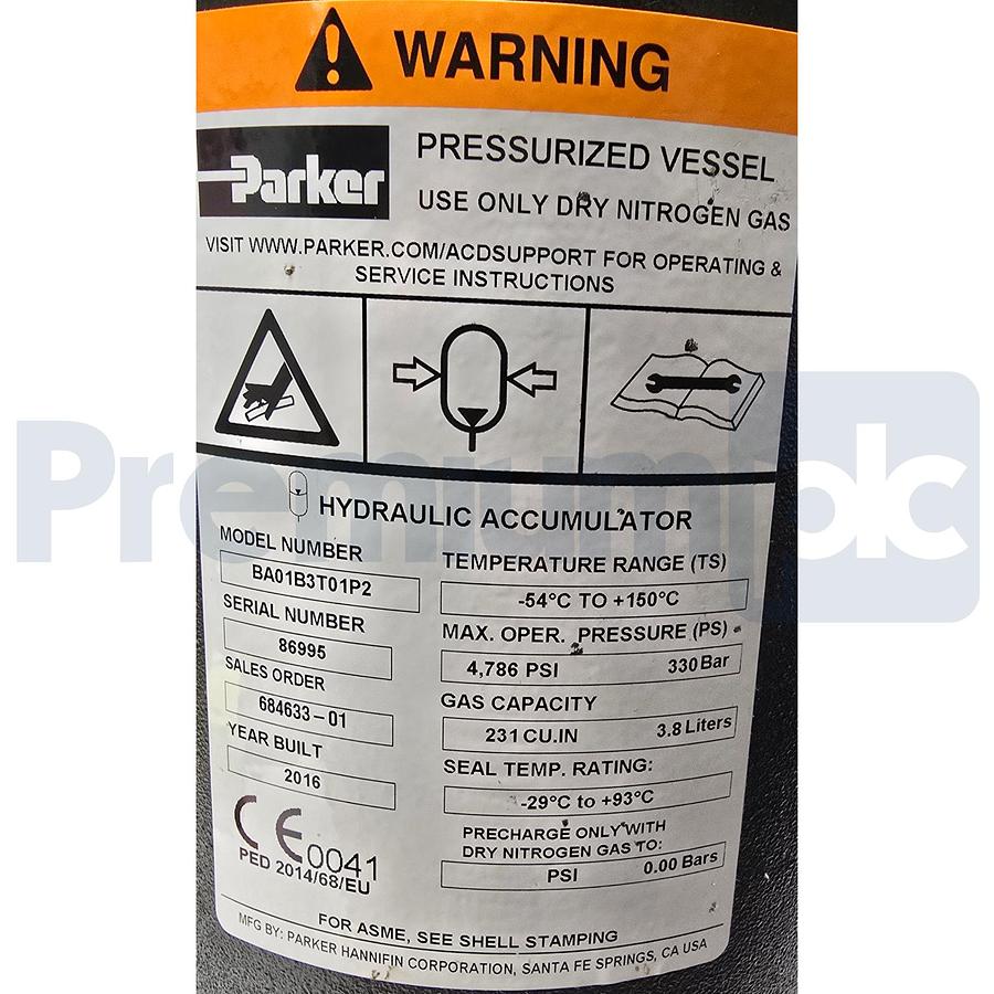 Used Parker BA01B3T01P2 Hydraulic Bladder Accumulator 1 Gal. 330 Bar BA01B3T01A1 NSMP