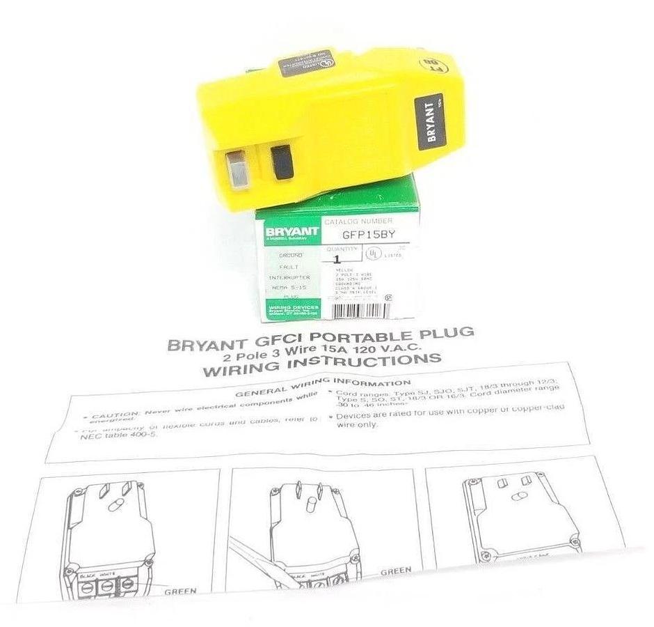Used BOX OF 10 NEW BRYANT GFP15BY GROUND FAULT INTERRUPTER YELLOW 2P, 15A, 125V PLUGS
