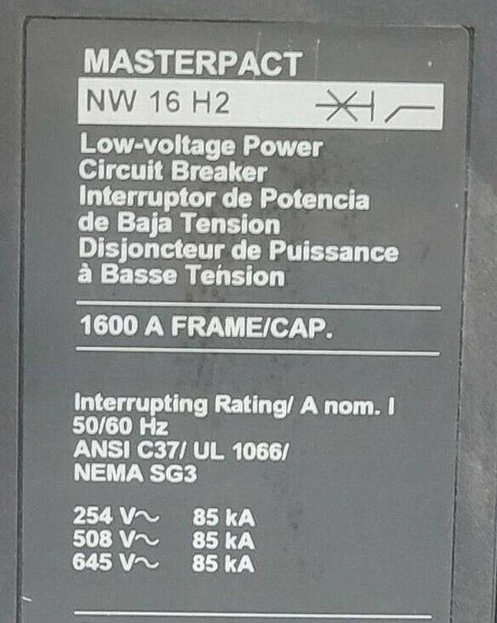 Used SQUARE D NW16H2 1600A MASTERPACT CIRCUIT BREAKER WA5EER44A3S WA5EER44A3SXXXXXXX