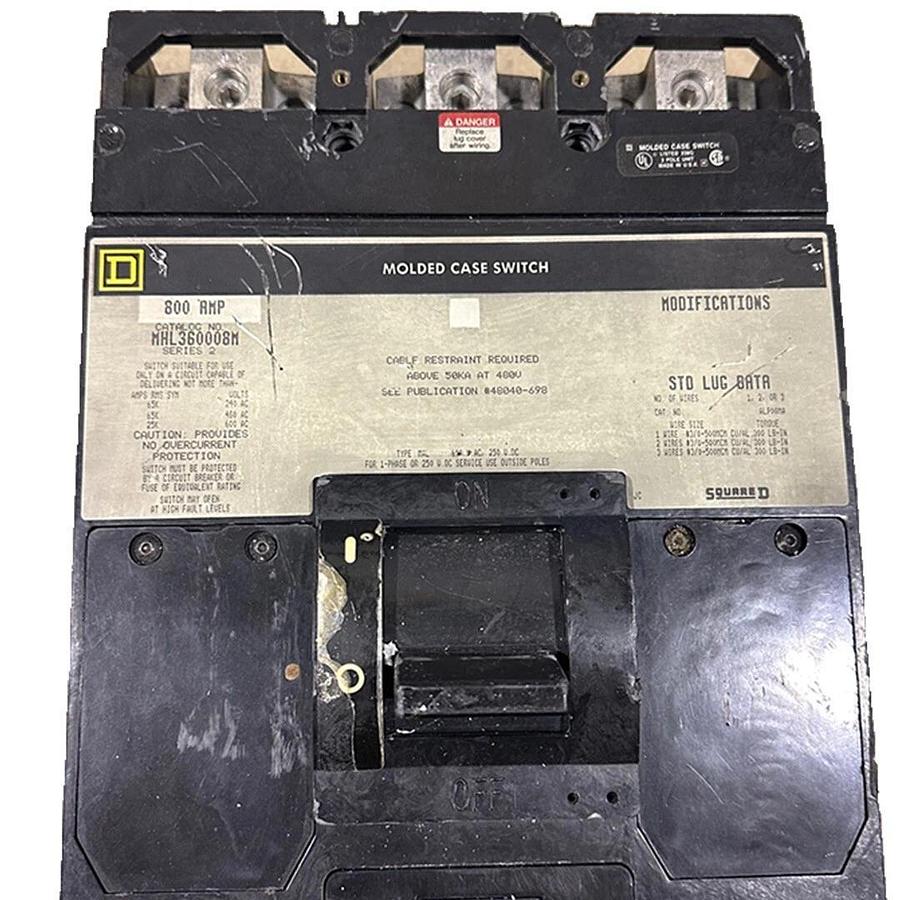 Used FOR PARTS SQUARE D MHL360008M SERIES 2 MOLDED CASE CIRCUIT BREAKER 800A 600V 3P
