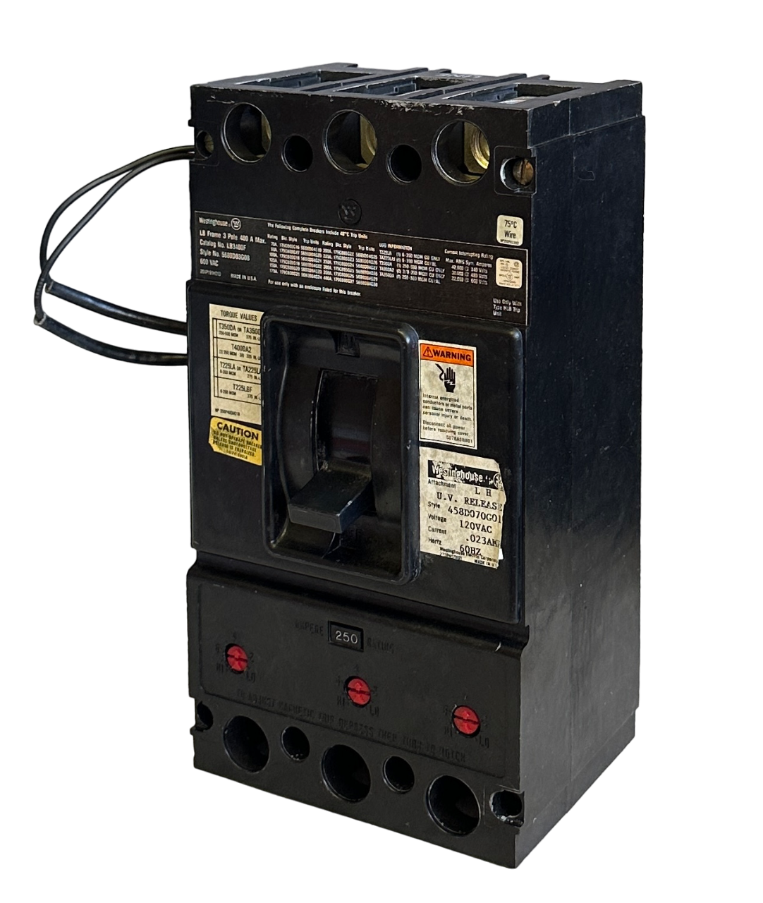 Used WESTINGHOUSE LB3400F / 5680D03G08 CIRCUIT BREAKER 3-POLE 400A 600V W/ 458D070G01