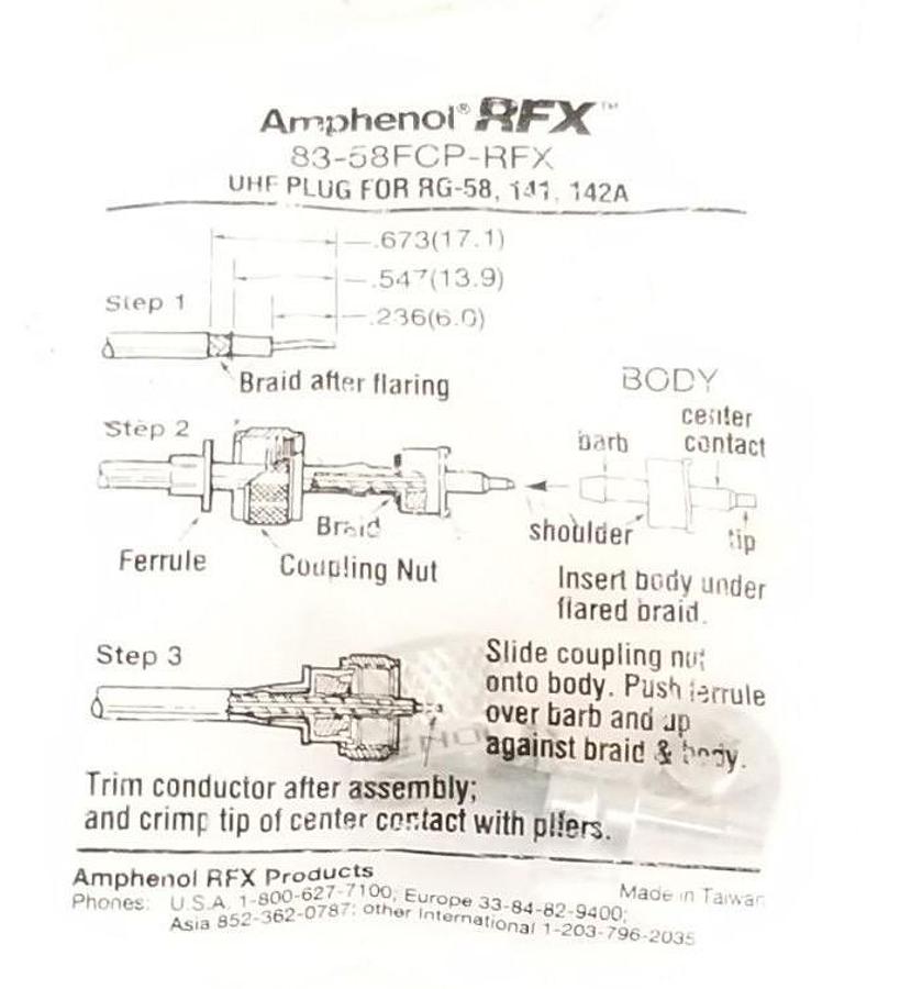 Used NEW AMPHENOL RFX 83-58FCP-RFX UHF PLUG FOR RG-58, 141, 142A
