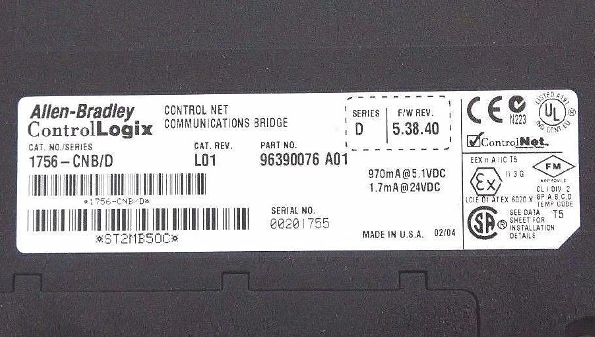 Used ALLEN BRADLEY 1756-CNB/D CONTROL NET COMMUNICATIONS BRIDGE SER. D, CAT. REV. L01