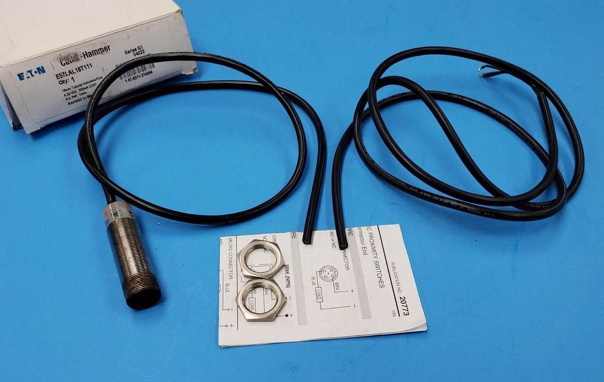 Used EATON CUTLER-HAMMER E57LAL18T111 TUBULAR INDUCTIVE PROXIMITY SENSOR, SER. G1