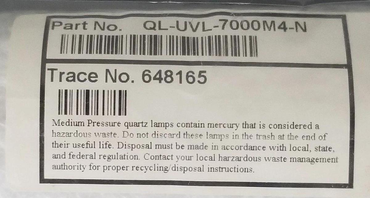 NEW UV TECH PIONEER QL-UVL-7000M4-N QUARTZ LAMP 648165, QLUVL7000M4N