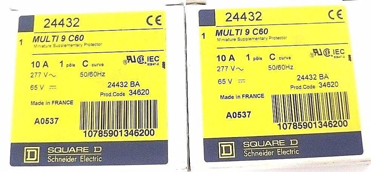 Used (2) NIB SQUARE D MULTI 9 C60 MINIATURE SUPPLEMENTARY PROTECTOR 24432, 10A, 1POLE