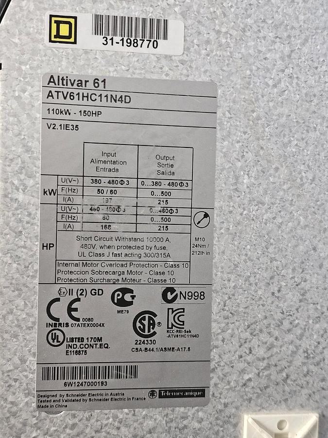 Used SCHNEIDER ELECTRIC ATV61HC11N4D Altivar 61 ATV61 VARIABLE SPEED DRIVE 150HP 460V