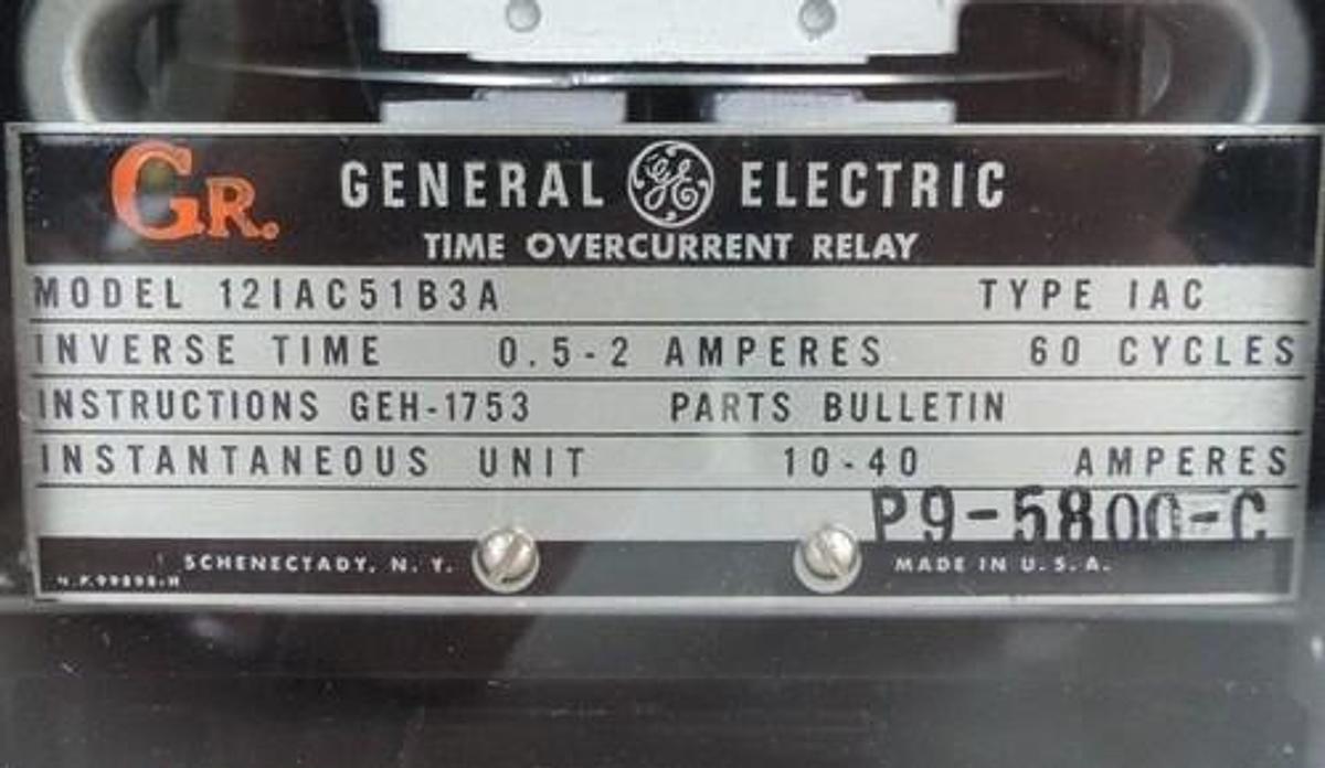 Used GE GENERAL ELECTRIC 12IAC51B3A INVERSE TIME OVERCURRENT RELAY IAC 24V 60 AMP