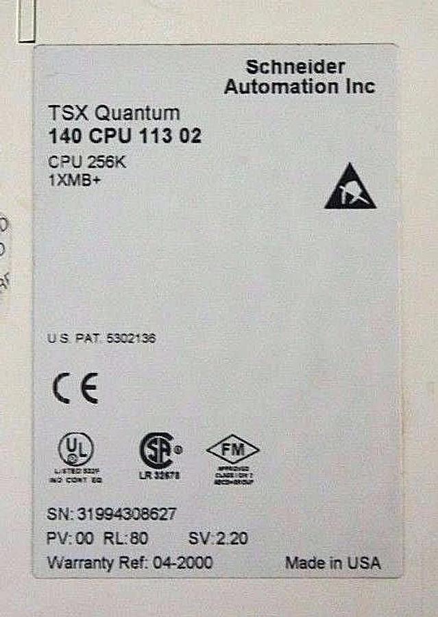 Used SCHNEIDER MODICON 140-CPU-113-02 CPU 256K 1XMB+ USER LOGIC MODULE 140CPU11302