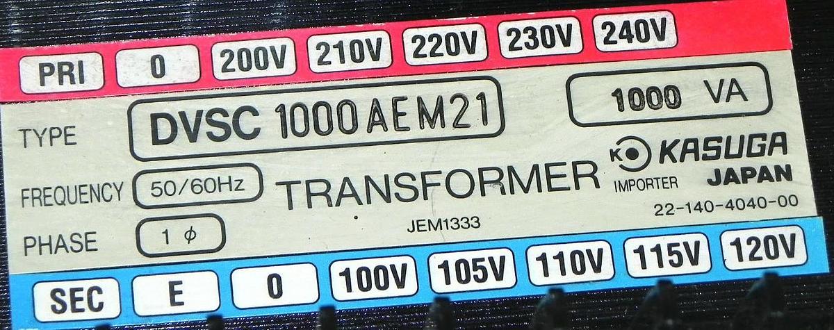 Used KASUGA DVSC 1000AEM21 TRANSFORMER 1000 VA, 1P, 50/60Hz, DVSC1000AEM21