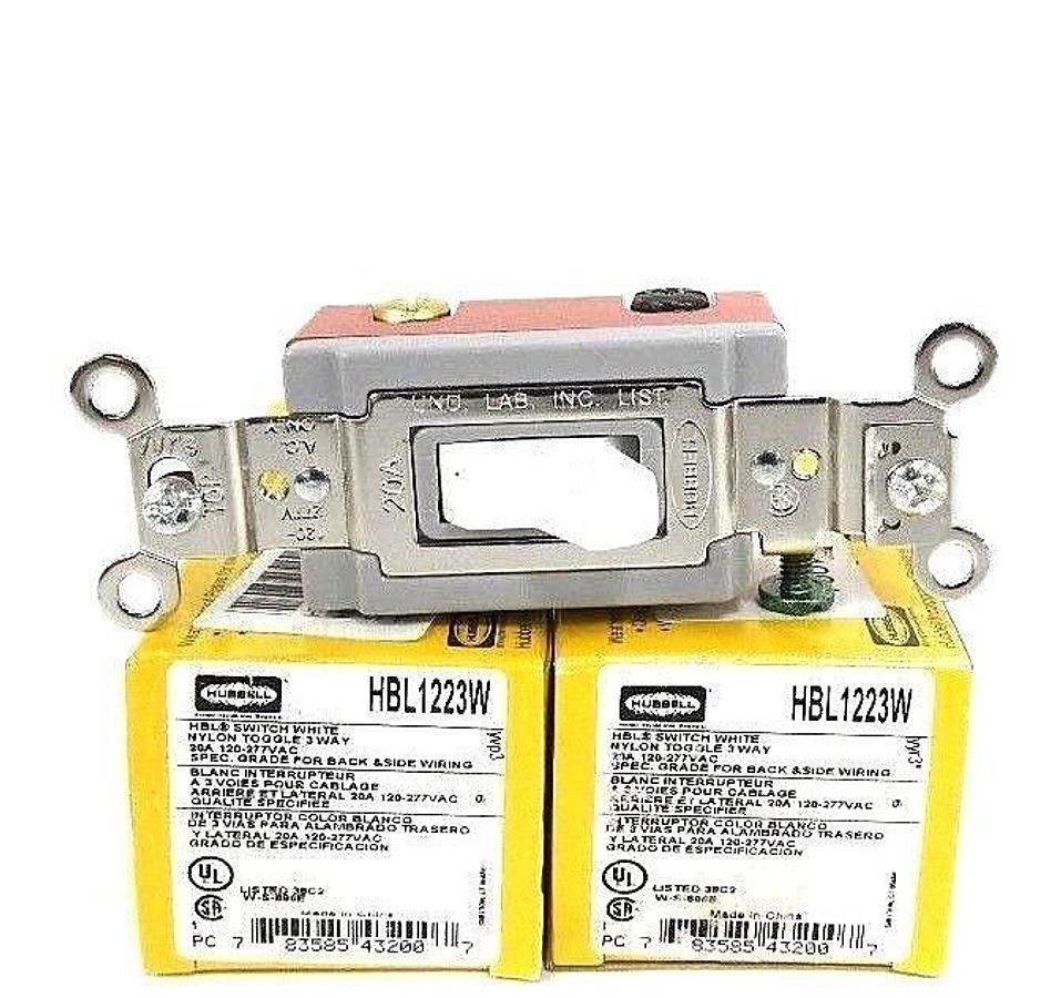 Used LOT OF 2 NIB HUBBELL HBL1223W 3-WAY TOGGLE SWITCHES 20A, 120-277VAC, WHITE