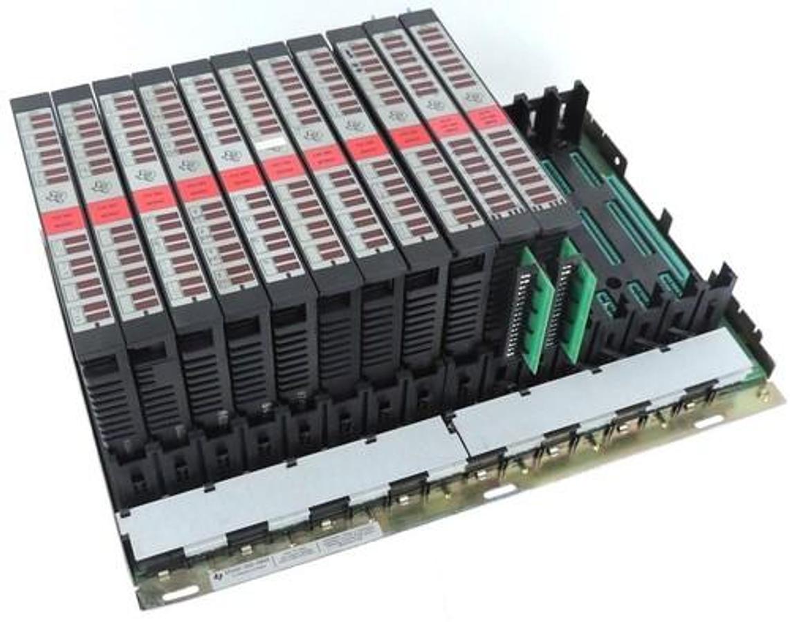 Used TEXAS INSTRUMENTS 500-5848, 14 MODULE I/O BASE W/ (9) 500-5011 & (2) 500-5055