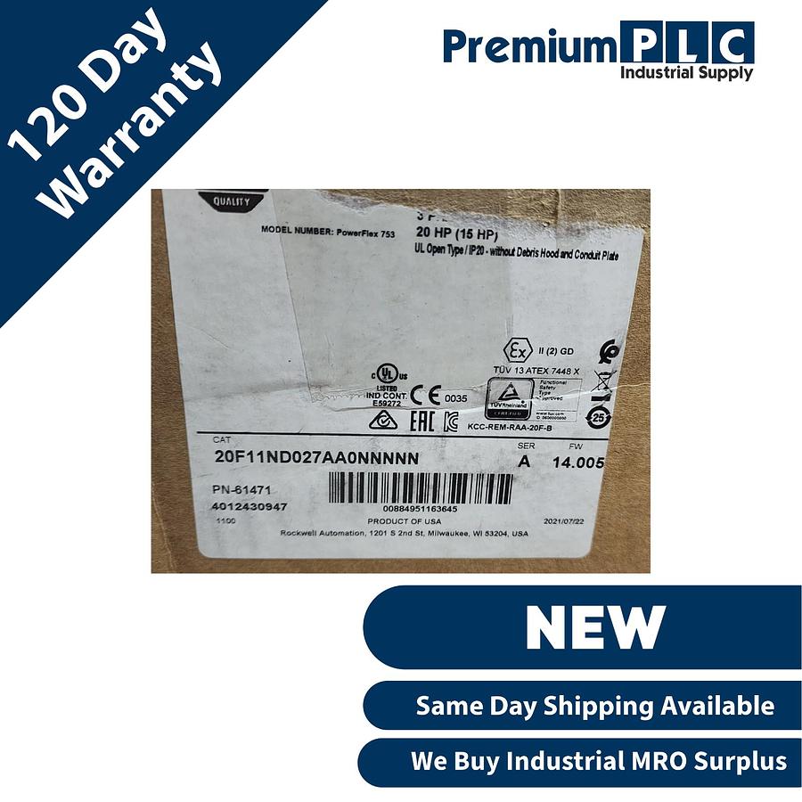 Used NEW ALLEN BRADLEY 20F11ND027AA0NNNNN /A PowerFlex 753 AC DRIVE 20HP FW 14.005