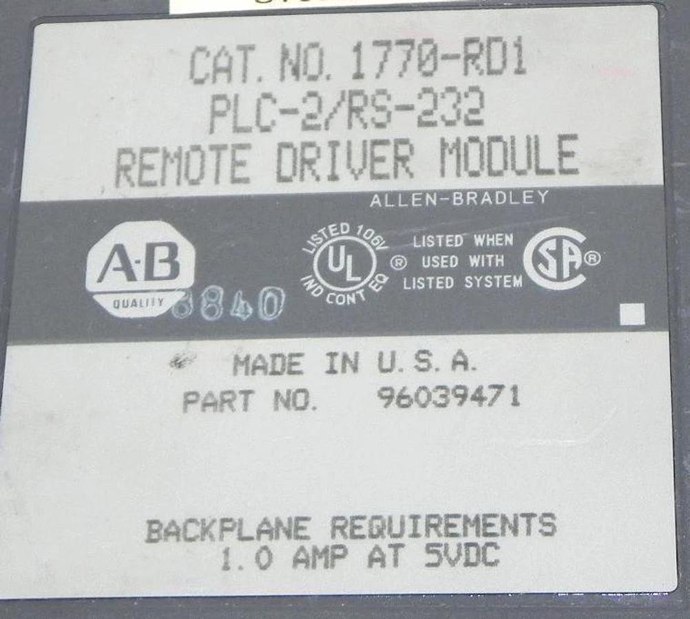 Used ALLEN BRADLEY 1770-RD1 PLC-2/RS-232 REMOTE DRIVER MODULE PART NO. 96039471