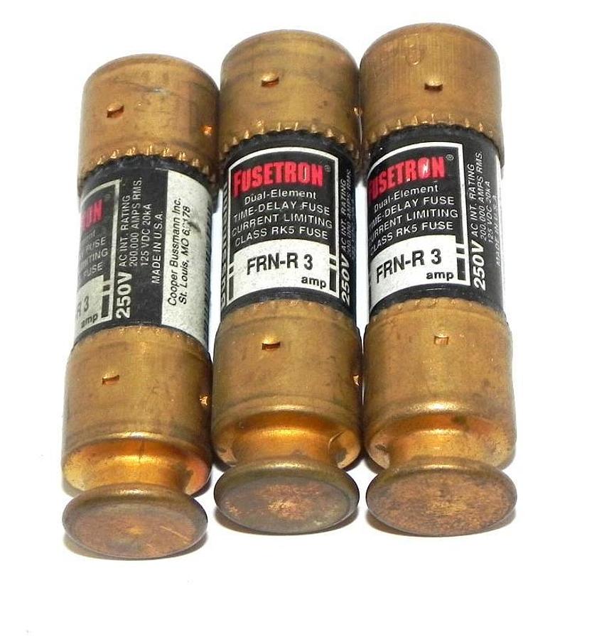 Used LOT OF 3 BUSSMANN FRN-R-3 FUSETRON DUAL-ELEMENT CLASS RK5 FUSES 250V 3AMP