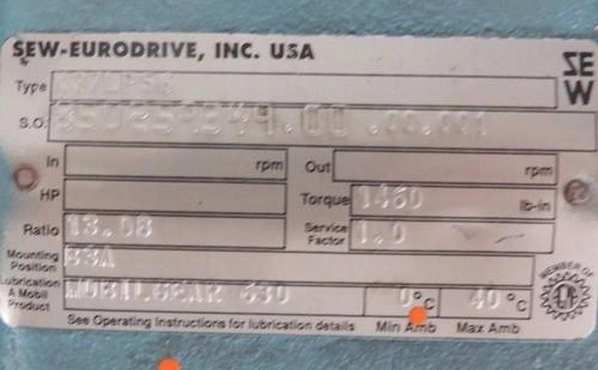 Used SEW EURODRIVE TYPE: K37LP56 WORM GEAR REDUCER, RATIO 13.08 TORQUE: 1460