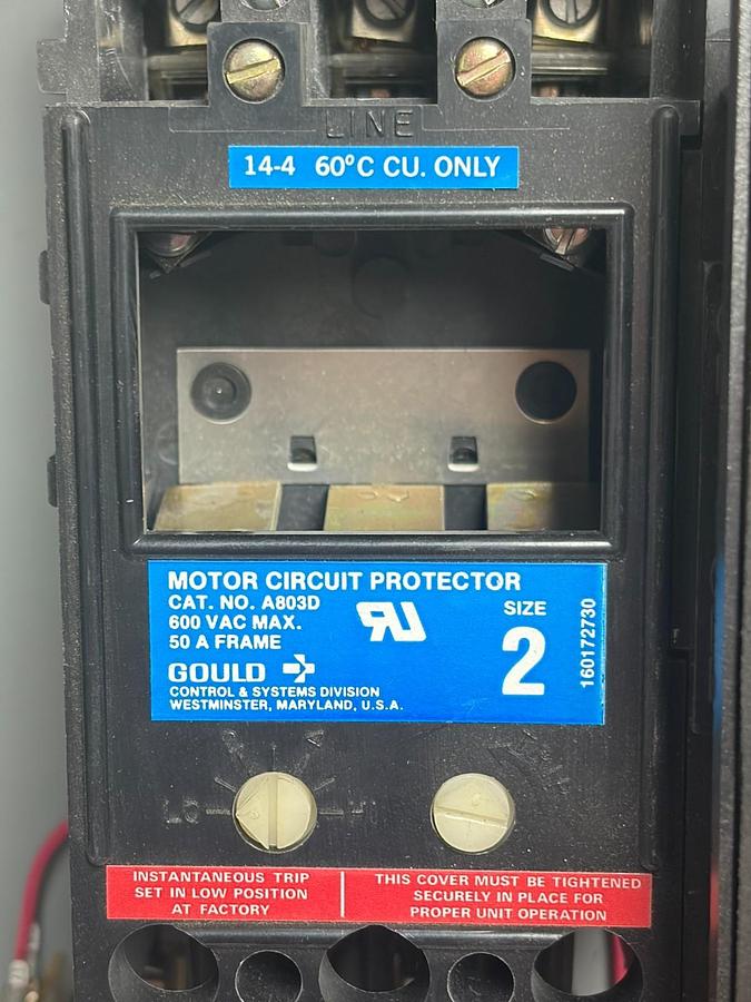 Used Gould A203D Size 2 Dual Duplex Motor Starter Panel 600V 3-Phase NEMA 1 Case