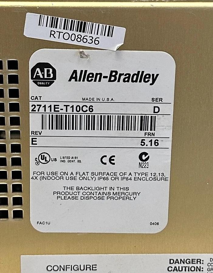 Used ALLEN BRADLEY 2711E-T10C6 /D PanelView 1000e TOUCH PANEL 115-230VAC 70W USNP