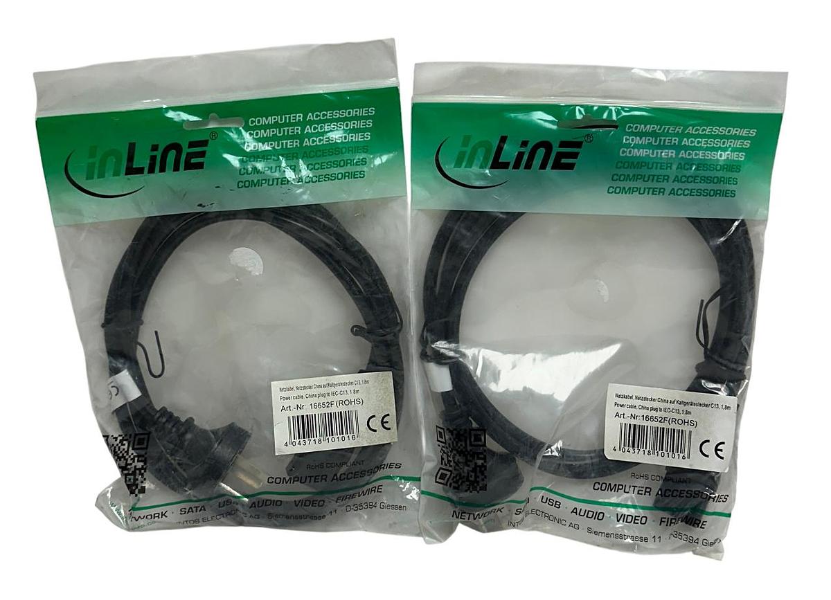 Used 2 INLINE 16652F POWER CABLES CHINA PLUG TO IEC-C13 1.8M LENGTH NSMP
