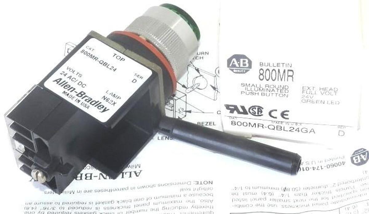 Used NIB ALLEN BRADLEY 800MR-QBL24GA PUSH BUTTON EXT. HEAD 24V, GREEN LED, SER. D