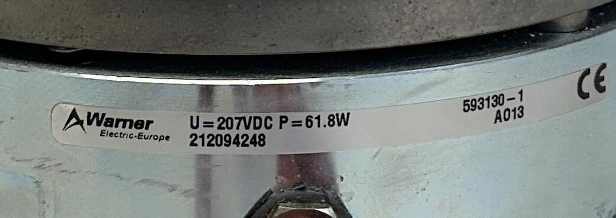 Used WARNER ELECTRIC 212094248 / 593130-1 ELECTROMAGNETIC BRAKE U=207VDC P=61.8W USNP