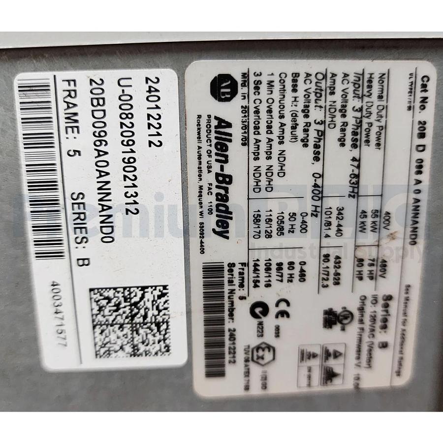 Used USED ALLEN BRADLEY 20BD096A0ANNAND0 /B PowerFlex 700 AC DRIVE VFD 480V 96A 75HP