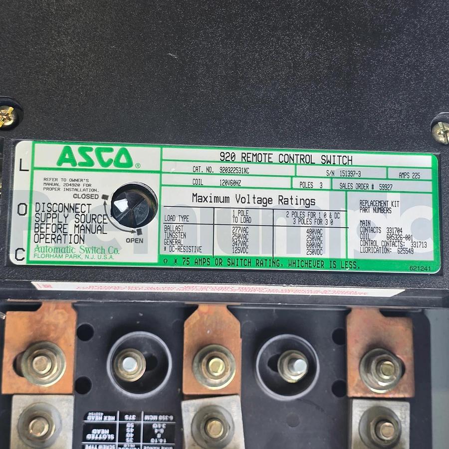 ASCO 920322531XC 920 Remote Control Switch 3-Pole 480V/600V 225A 920322531 NSNP