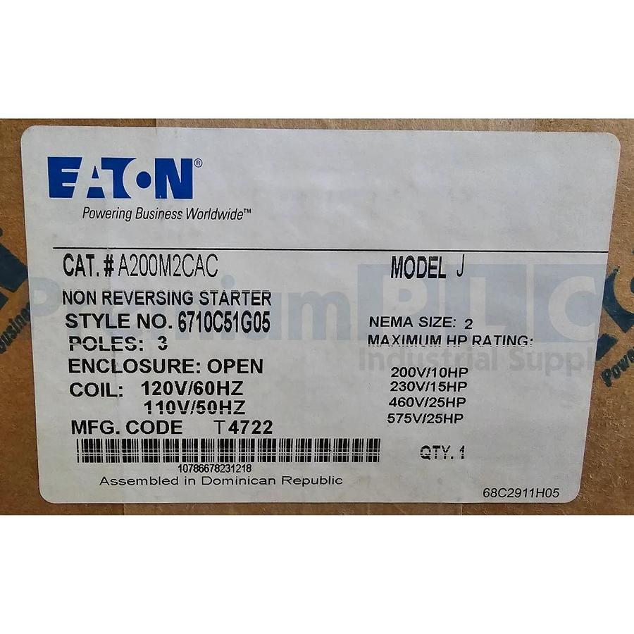 Used NEW EATON A200M2CAC MODEL J A200 NEMA NON REVERSING STARTER 6710C51G05 NSFS 786678231211