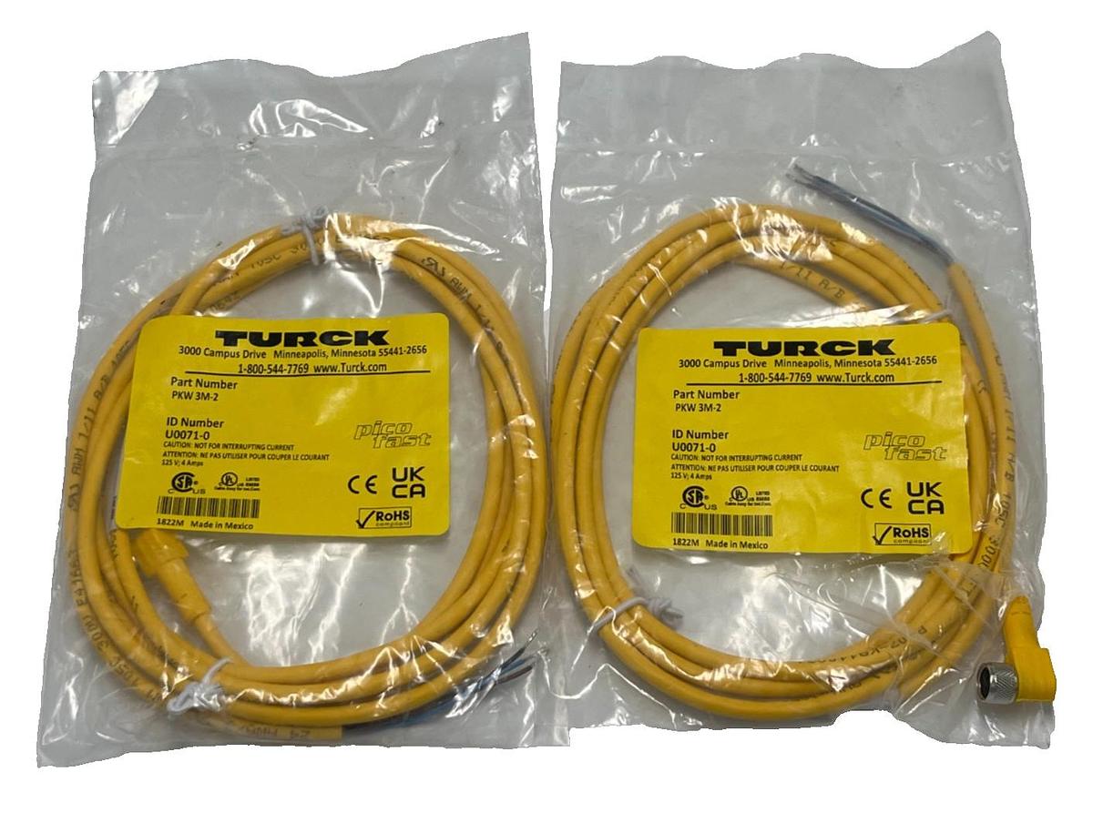 Used (2) TURCK PKW 3M-2 Right Angle Female M8 Cordset Cable 3-Pin Pigtail 2Meter NSMP