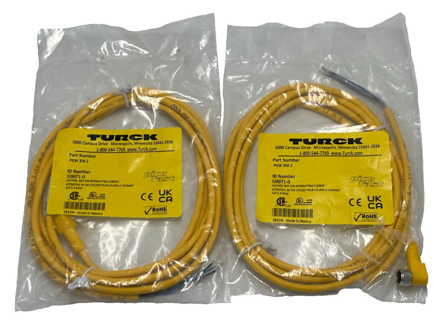 Used (2) TURCK PKW 3M-2 Right Angle Female M8 Cordset Cable 3-Pin Pigtail 2Meter NSMP