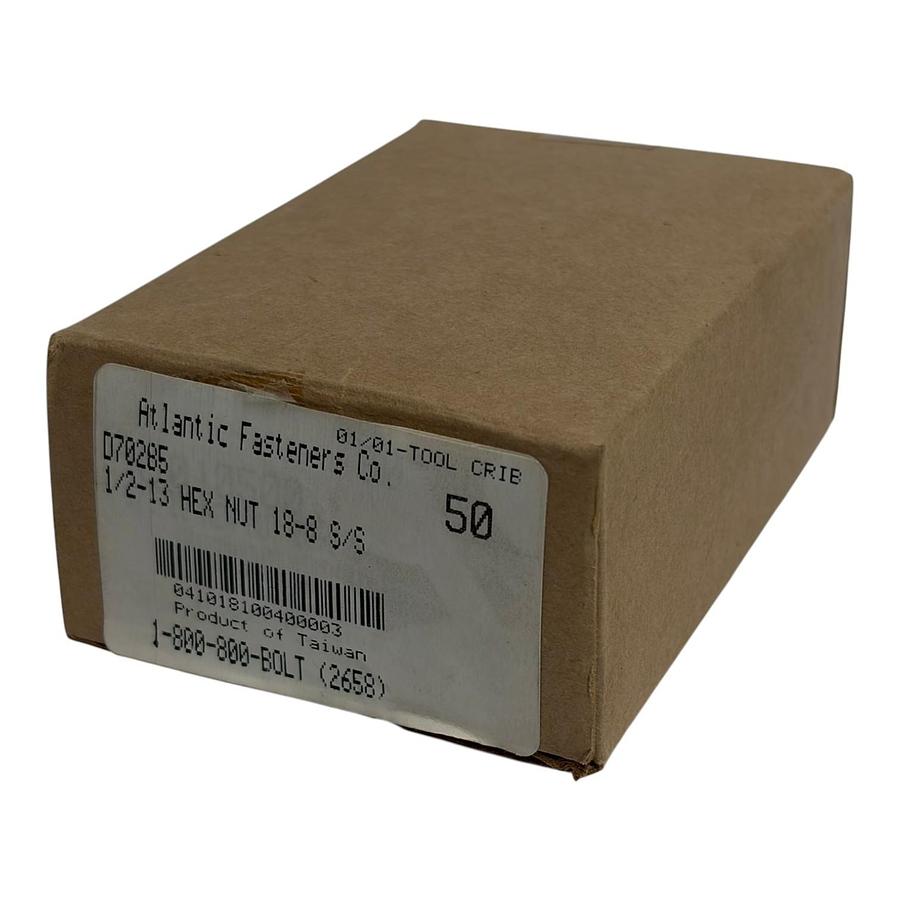 Used Atlantic Fasteners 1/2-13 Hex Nut 18-8 Stainless Steel Box of 50 Fasteners