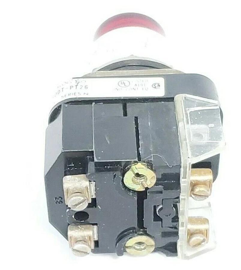 Used ALLEN BRADLEY 800T-PT26 PUSH BUTTON RED LENS SER. N W/ 800T-XA SER. C CONTACT
