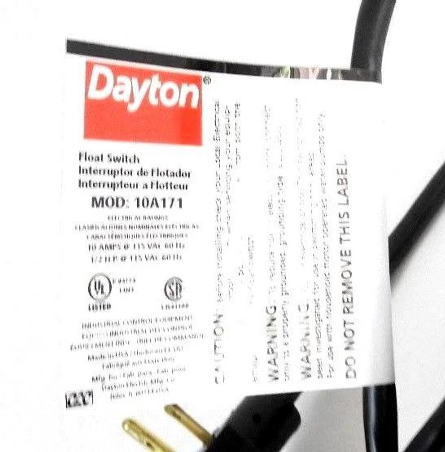 NIB DAYTON 10A171 VERTICAL FLOAT SWITCH TYPE VS 1237, 1/2 HP, 20FT CORD, 115VAC