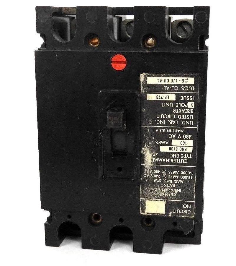 Used CUTLER HAMMER EHC3100 CIRCUIT BREAKER TYPE EHC, 100AMPS, 480V, 3P, LF-778