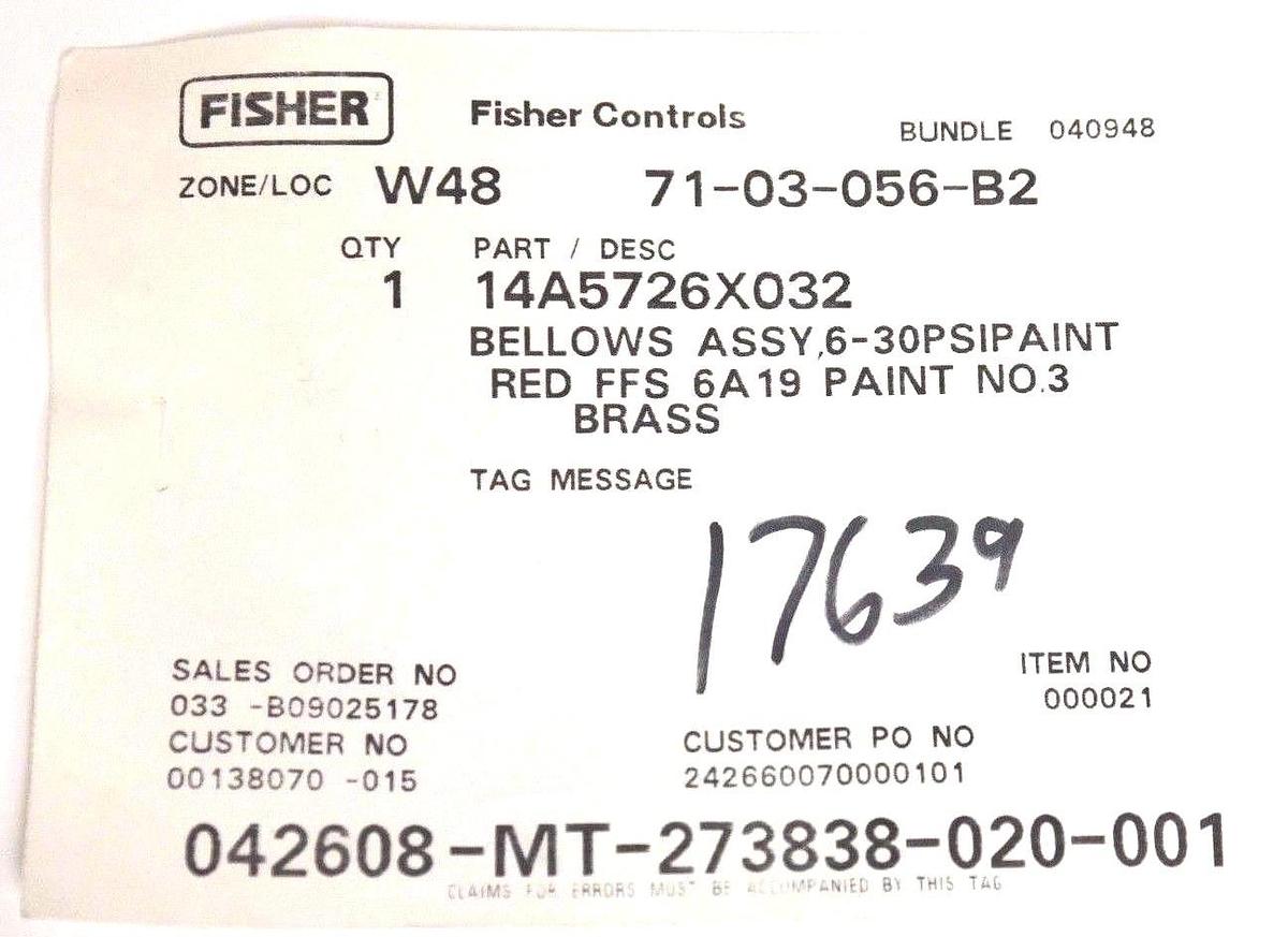 Used NIB FISHER CONTROLS 14A5726X032 BELLOWS ASSEMBLY