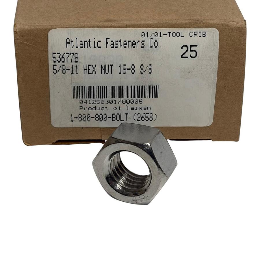 Used Atlantic Fasteners 5/8-11 Hex Nut 18-8 Stainless Steel Box of 25 Fasteners