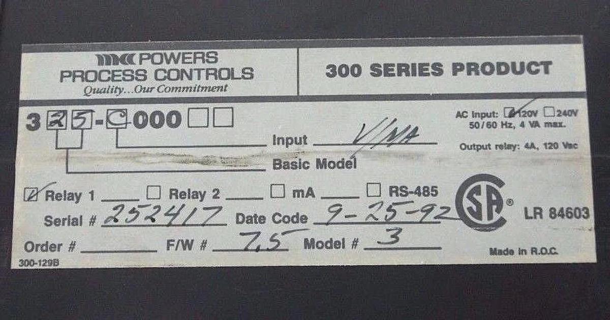 Used POWERS PROCESS CONTROLS 325-C000 DIGITAL TEMP. CONTROLLER 300 SERIES F/W 7.5