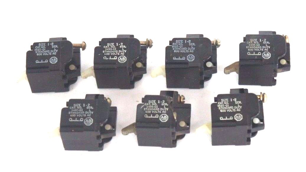 Used LOT OF 7 ALLEN BRADLEY 1495-G1 AUXILIARY CONTACTS SIZE 1-2, SER L, 600V, 1495G1