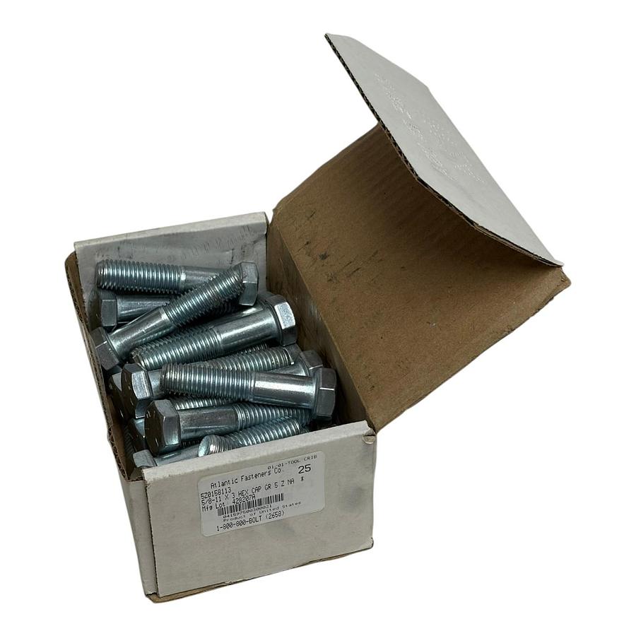 Used Box of 25 Atlantic Fasteners 5/8-11 x 3" Grade 5 Zinc Hex Cap Screw Bolts