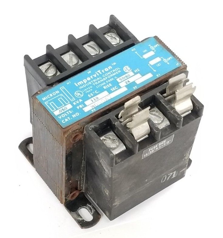 Used MICRON IMPERVITRAN B050A7 INDUSTRIAL TRANSFORMER PRI 110V 24 SEC. 50/60HZ
