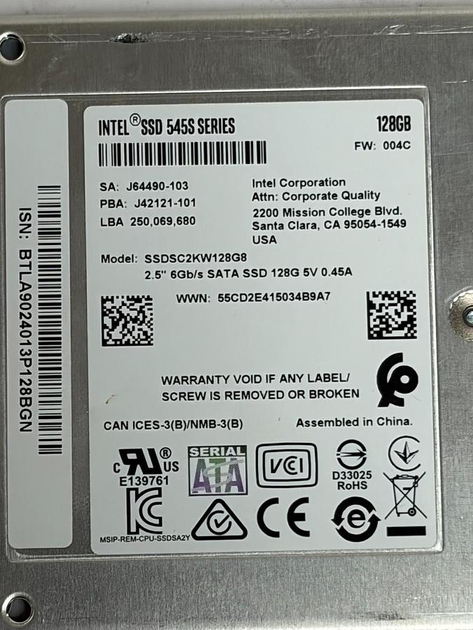 Used Intel 545s Series 128GB 2.5" SATA SSD StarTech S25SLOTR Removable Drive Bay