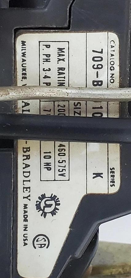 Used ALLEN BRADLEY 709-BOD103 SER. K SIZE 1 STARTER W/ (3) W46 ELEMENTS, 1494-F1