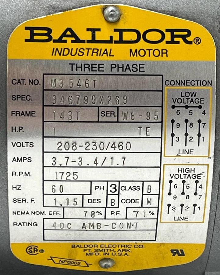 Used Baldor Reliance M3546T General Purpose Motor 1HP, 1725RPM, 3PH, 60Hz, 56T Frame