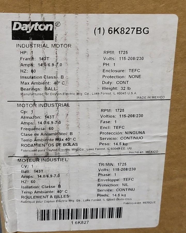 Used NEW DAYTON 6K827BG INDUSTRIAL MOTOR 1HP 60Hz 1PHASE 6K827