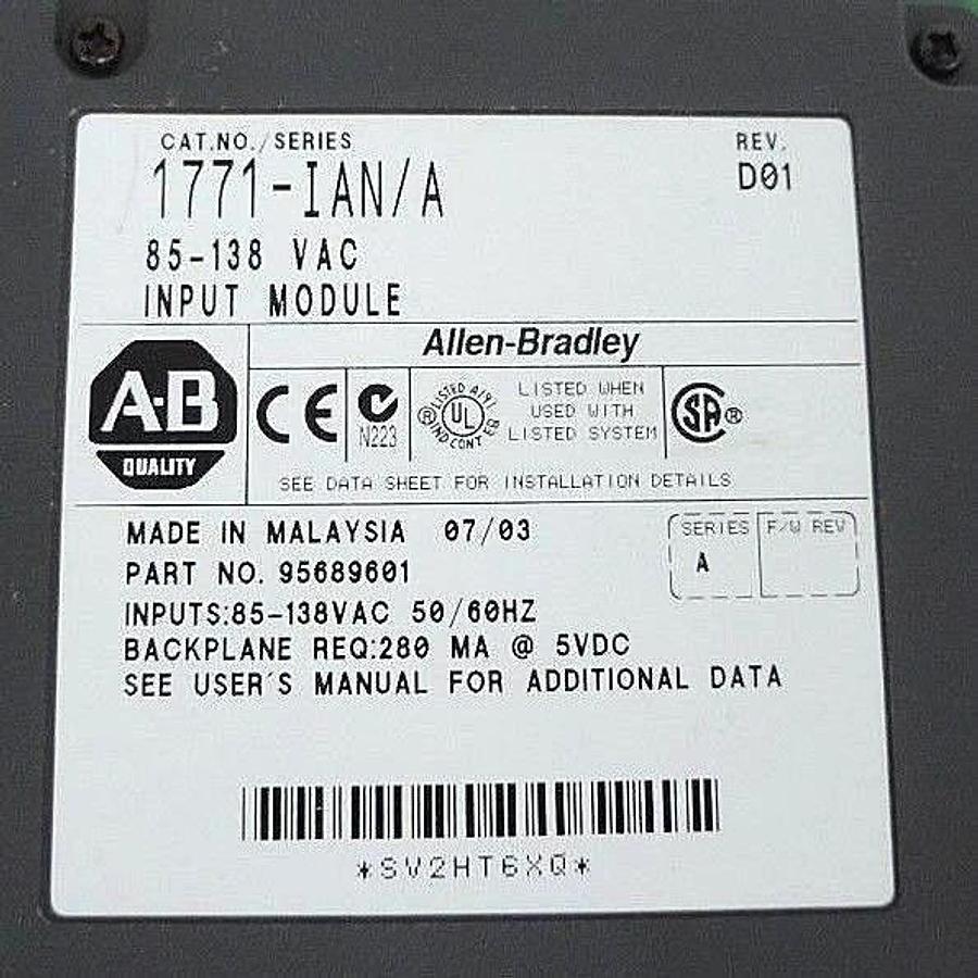 Used ALLEN BRADLEY 1771-IAN/A SER. A, REV. D01 INPUT MODULE 85-138VAC, 95689601