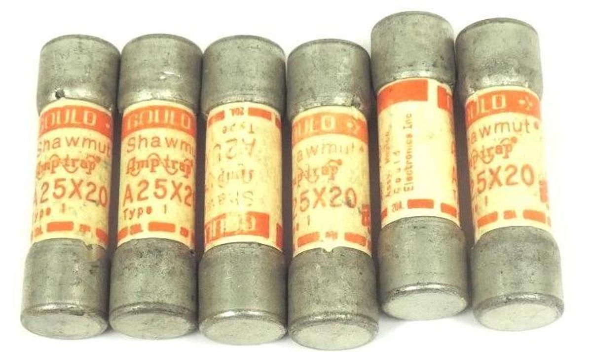 Used LOT OF 6 GOULD SHAWMUT A25X20 AMP-TRAP FUSES TYPE 1, 20AMP